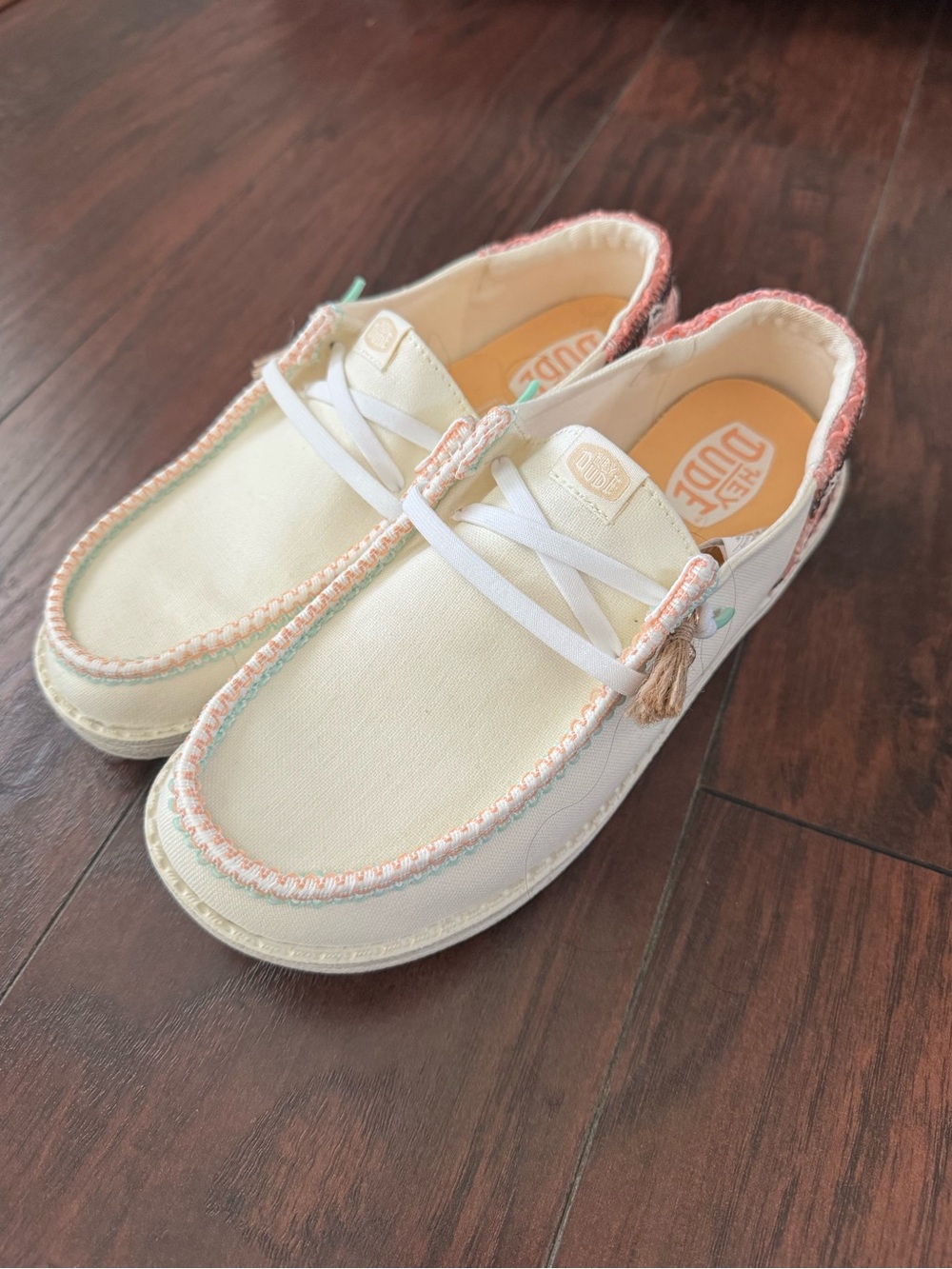 Hey Dude Cream Canvas Slip-Ons with Coral Heel and Mint Trim - Picture 6 of 6